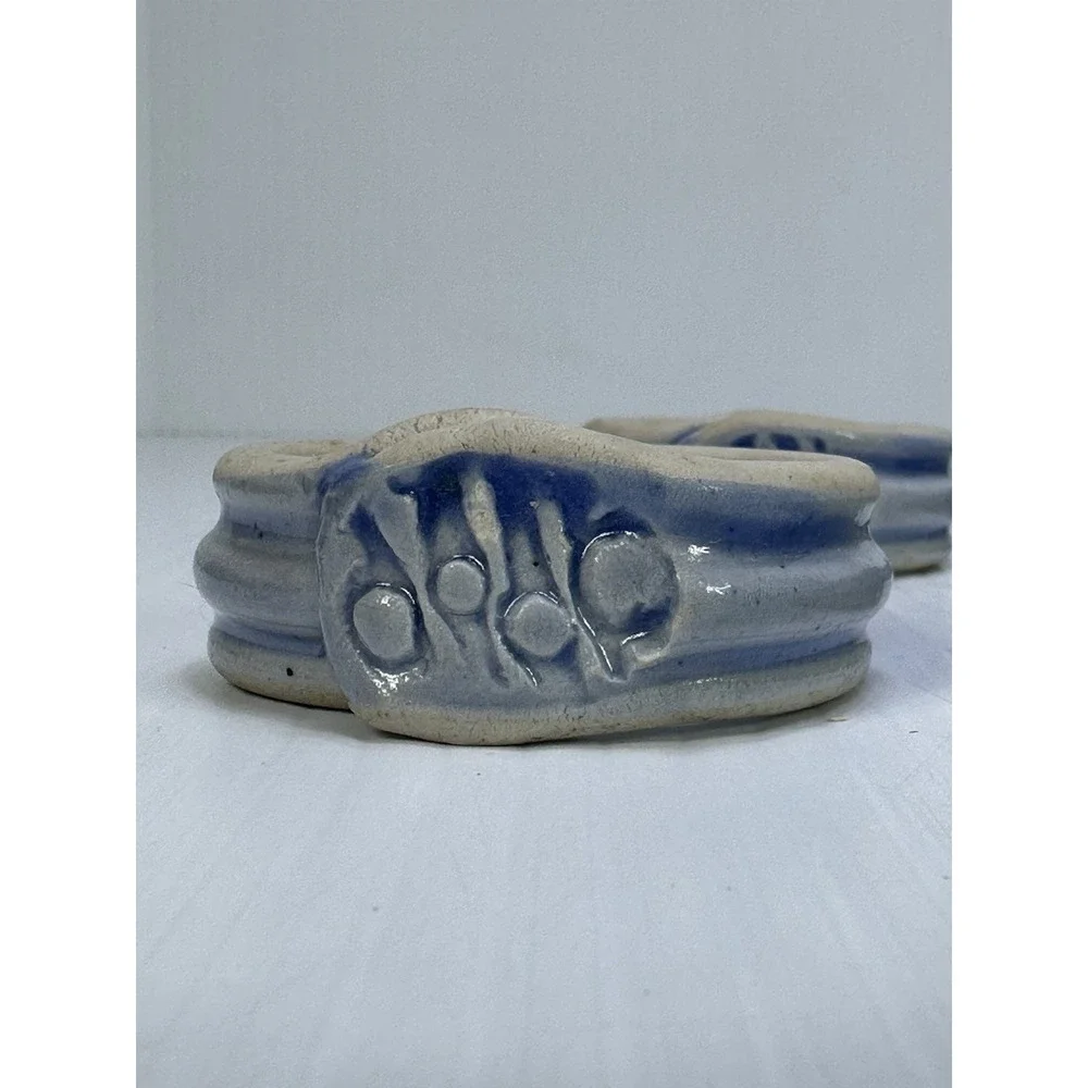 Handmade Pottery Napkin Rings Set of 4 Natural with Blue Accent
